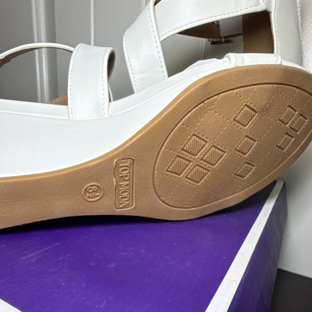 TOP MODA Comfort Strappy Wedge White Sandals Women’s Size 8.5 - Picture 4 of 9